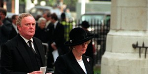 Prime Minister Margaret Thatcher with her private secretary Peter Morrison arriving for the Ian Gow memorial service at St. Margaret's, Westminister, London.